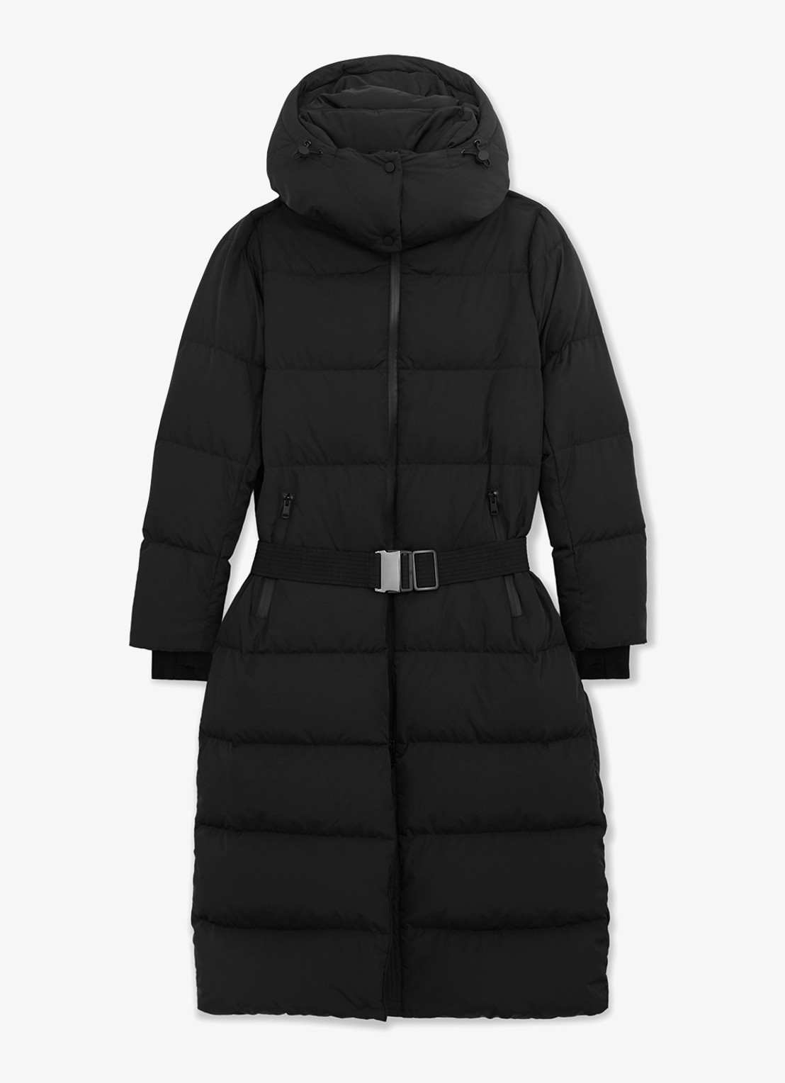 Reiss Colette longline puffer jas met ceintuur en capuchon - voorkant 2 black / zwart