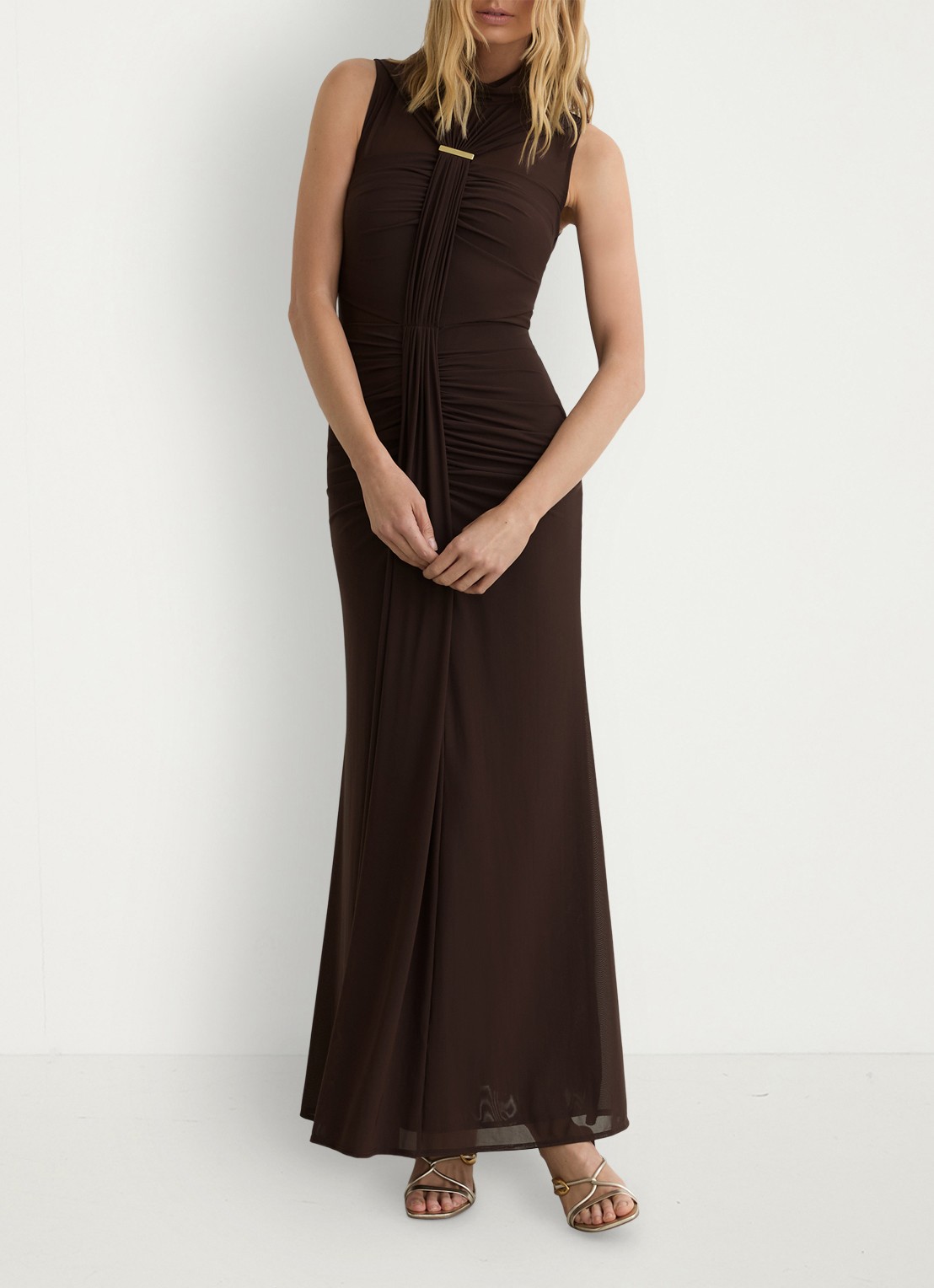 Reiss Colette maxi jurk met ruches - detail 7 chocoladebruin