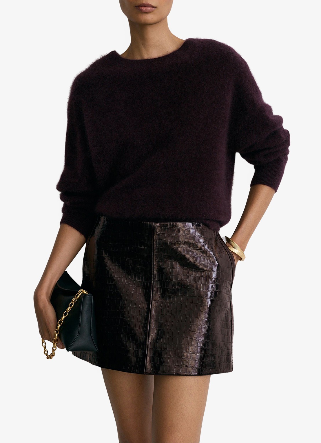 Reiss Cora mini rok van schapenleer - detail 4 bordeauxrood