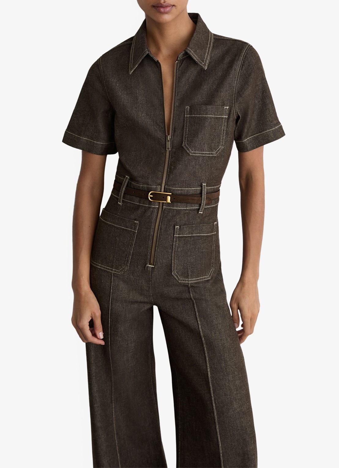 Reiss Danie wide fit jumpsuit van denim - detail 3 chocoladebruin