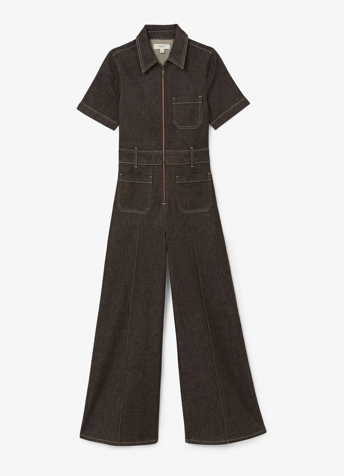 Reiss Danie wide fit jumpsuit van denim - voorkant 6 chocoladebruin