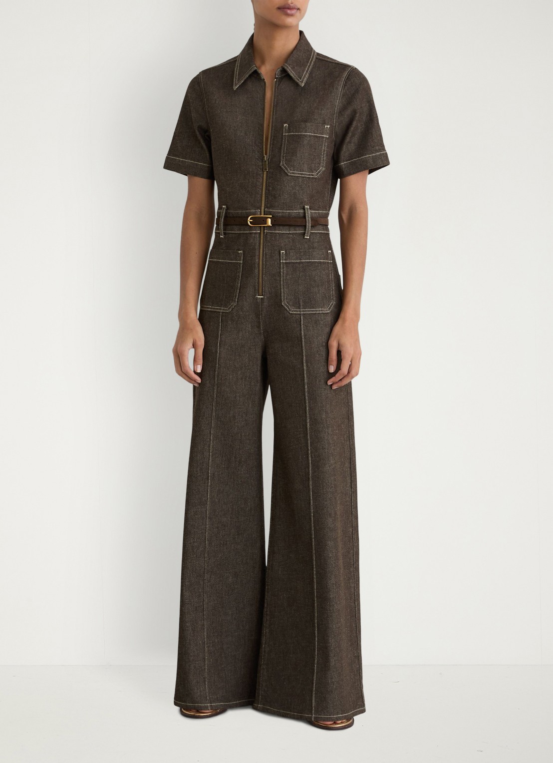 Reiss Danie wide fit jumpsuit van denim - voorkant 7 chocoladebruin