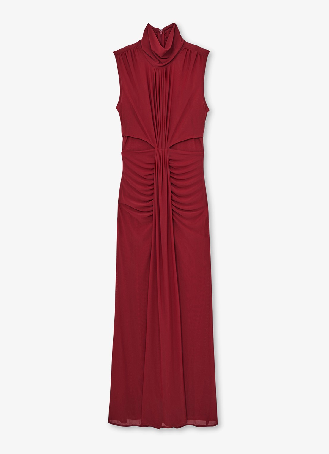 Reiss Daniella maxi jurk met halve col en plooidetail  - voorkant bordeauxrood