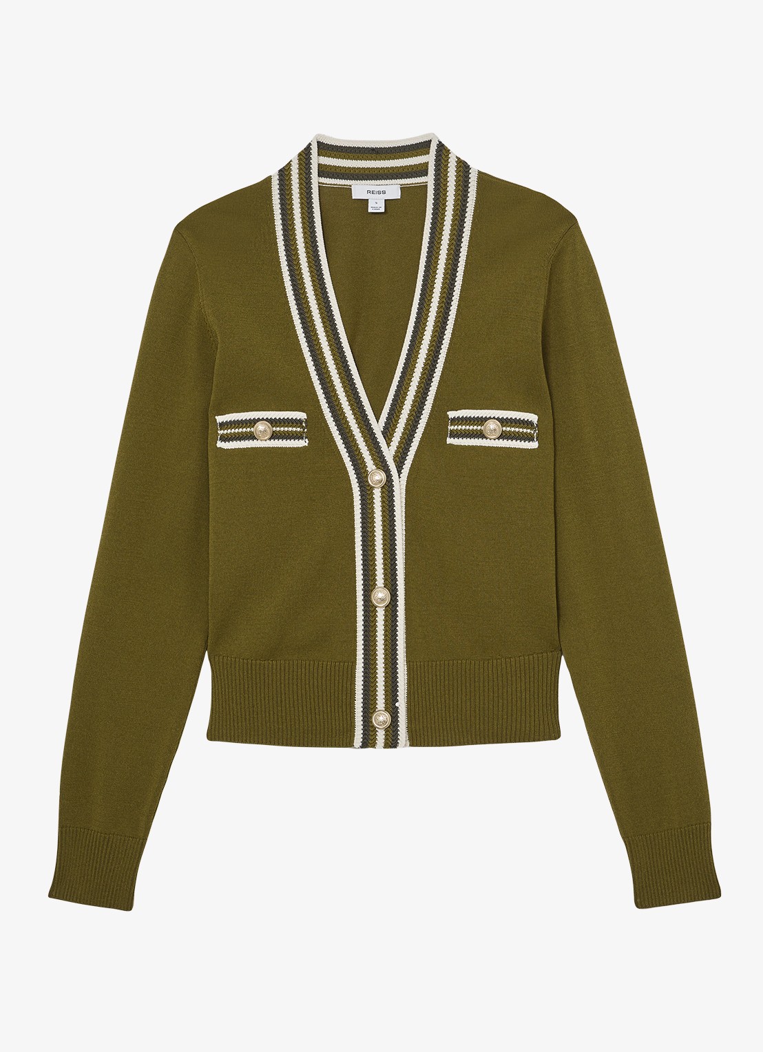 Reiss Danni fijngebreid vest met knoop detail - voorkant bronsgroen