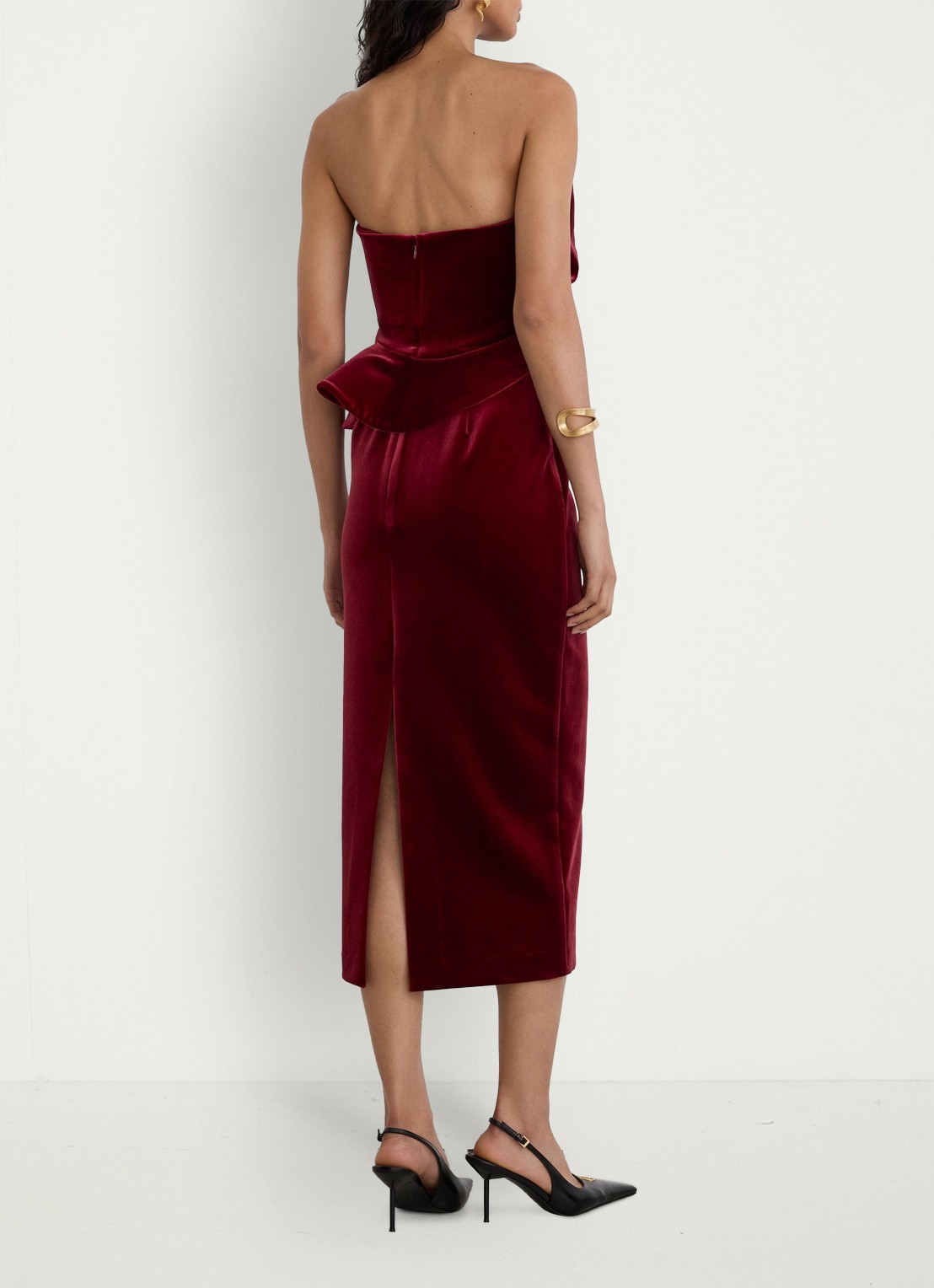 Reiss Dasha strapless midi-jurk van fluweel met split - achterkant 7 rood