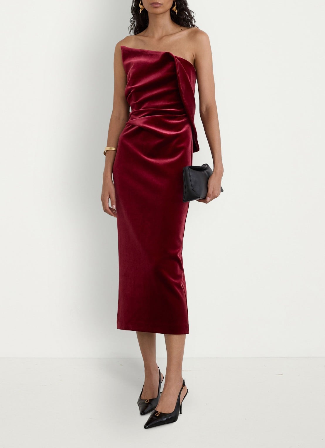 Reiss Dasha strapless midi-jurk van fluweel met split - detail rood