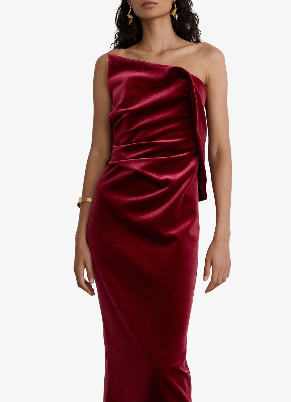 Reiss Dasha strapless midi-jurk van fluweel met split - detail 3 rood