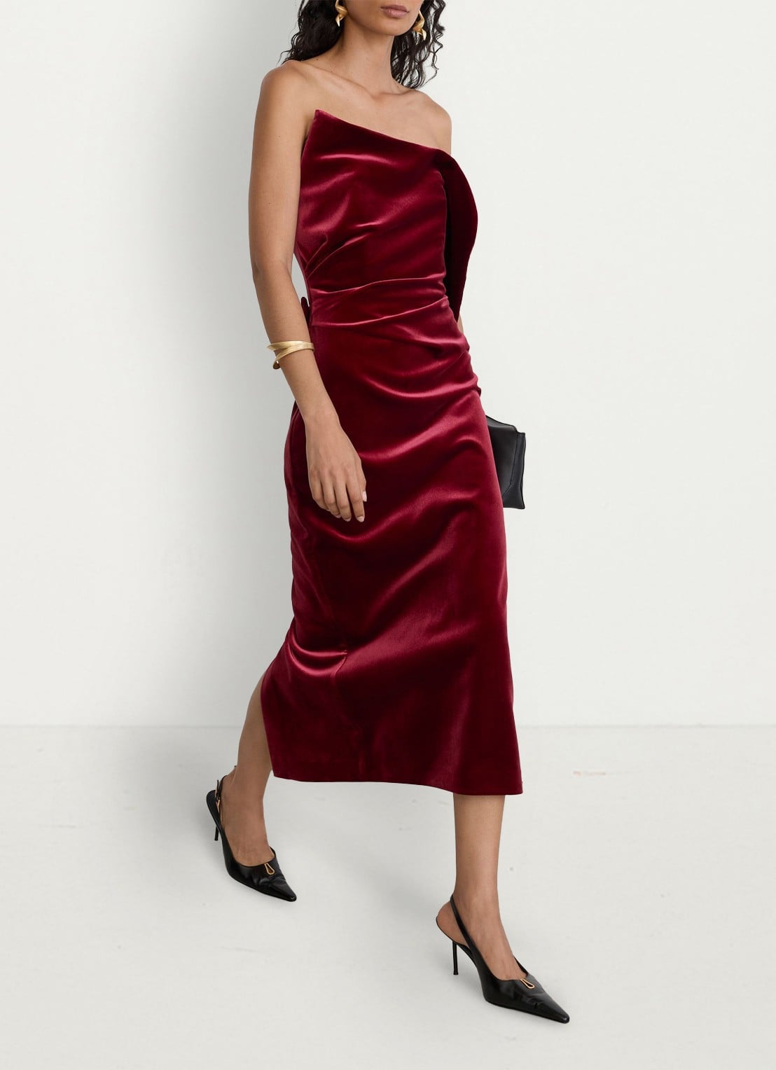 Reiss Dasha strapless midi-jurk van fluweel met split - detail 5 rood