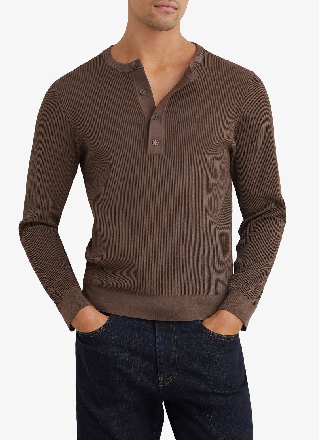 Reiss Declan longsleeve met ribstructuur - detail 4 chocoladebruin