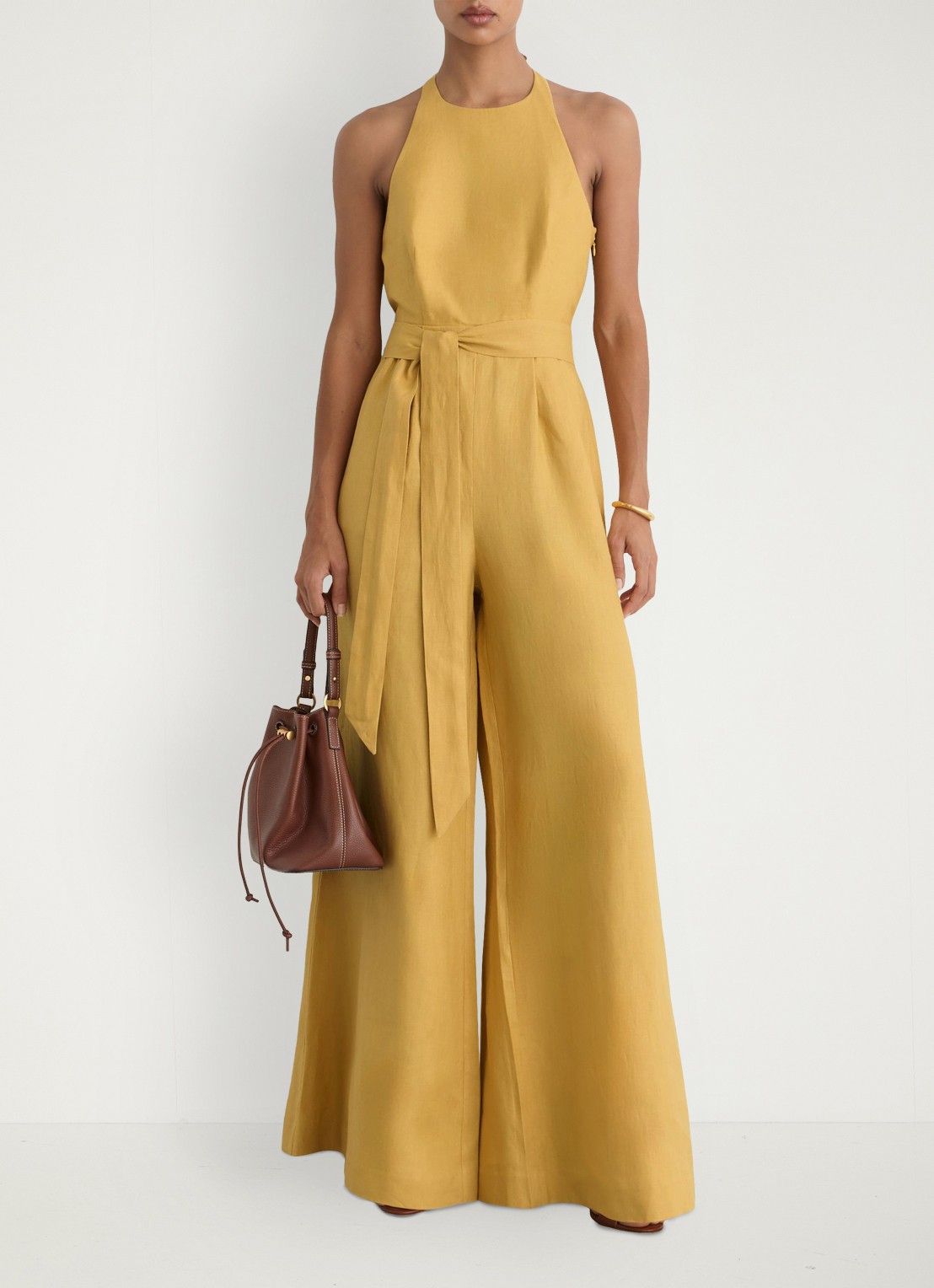 Reiss Della wide fit jumpsuit van linnen met strikceintuur - detail geel