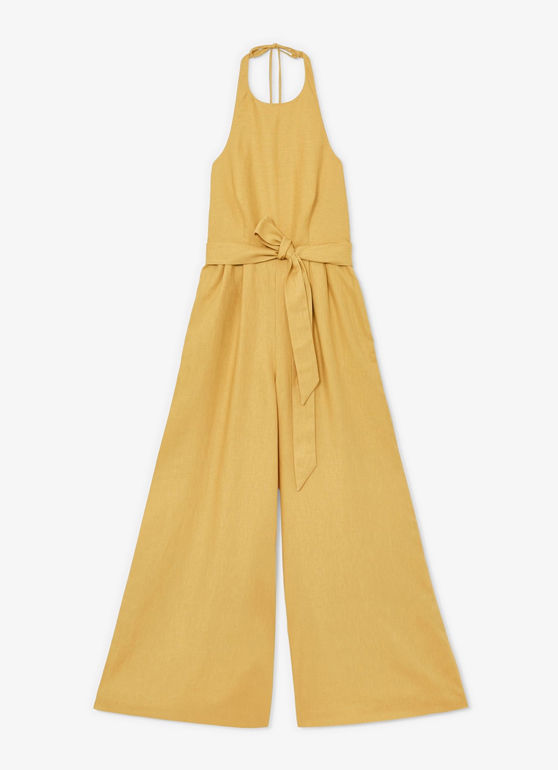 Reiss Della wide fit jumpsuit van linnen met strikceintuur - voorkant 5 geel
