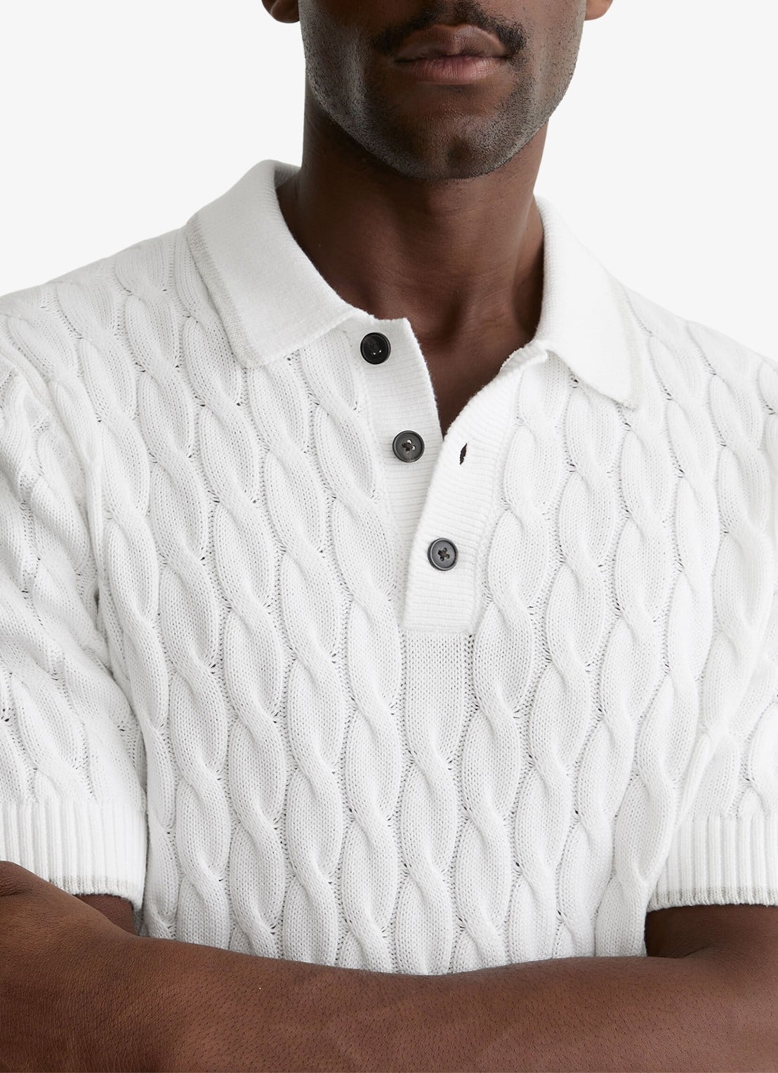 Reiss DENBY Cotton Cable-Knit Polo Shirt - detail 4 wit