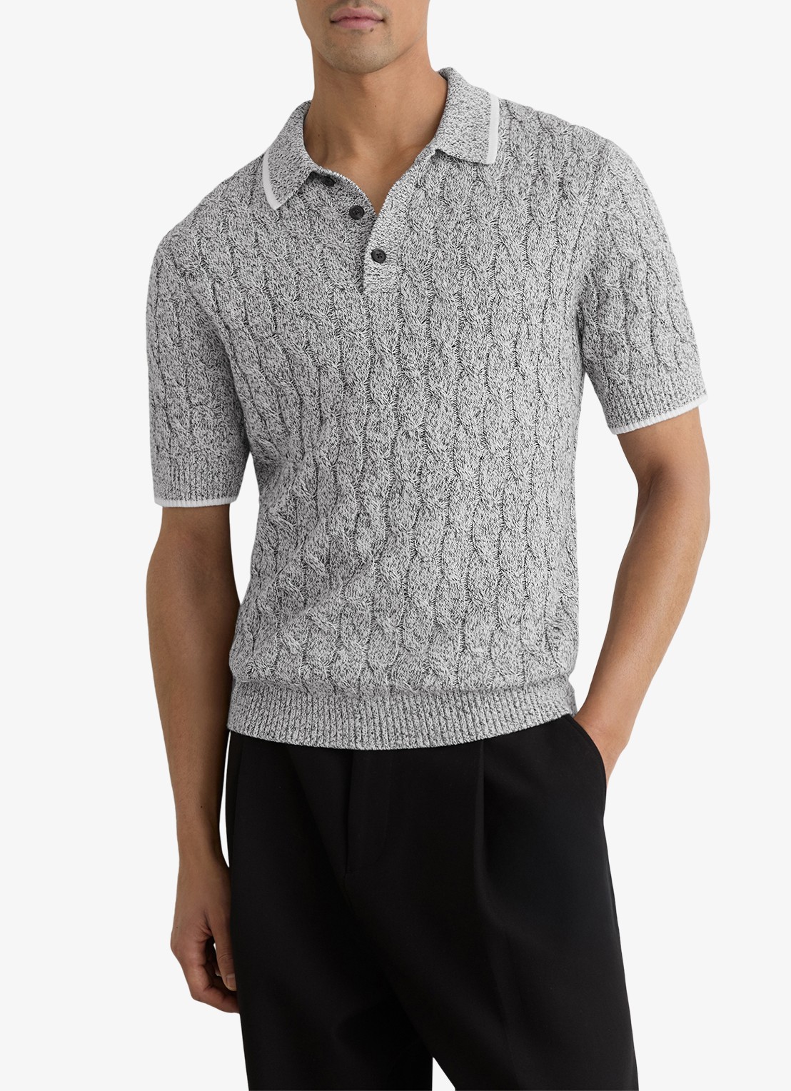 Reiss DENBY Cotton Cable-Knit Polo Shirt - detail 4 grijs