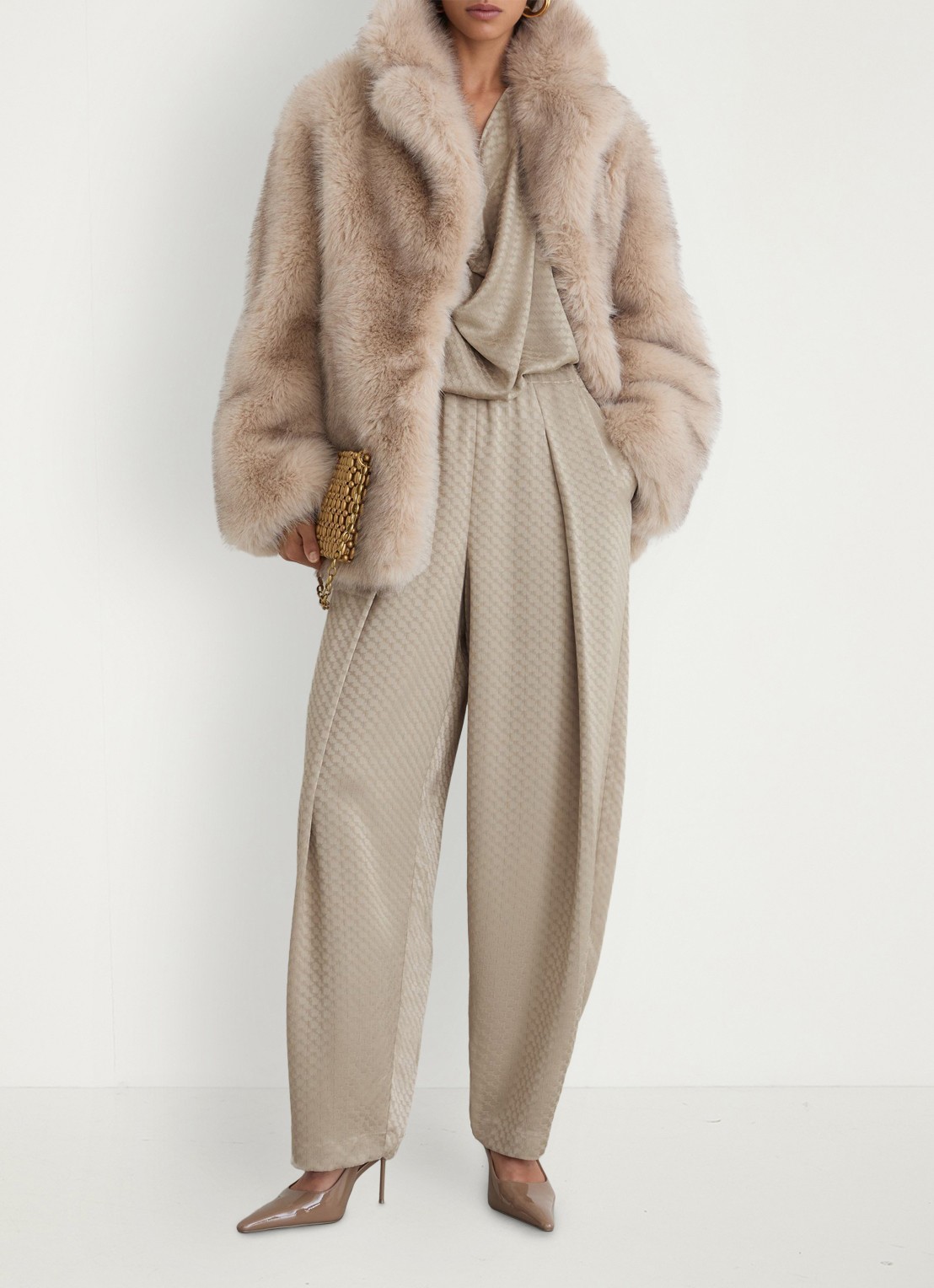 Reiss Dia high waist wide fit pantalon met jacquard dessin - voorkant 2 naturel