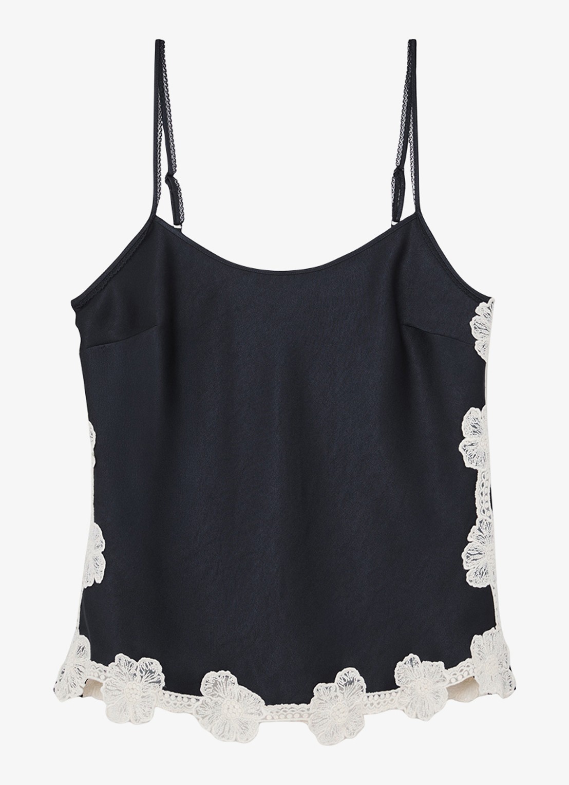 Reiss Doa top van satijn met bloemborduring - voorkant donkerblauw