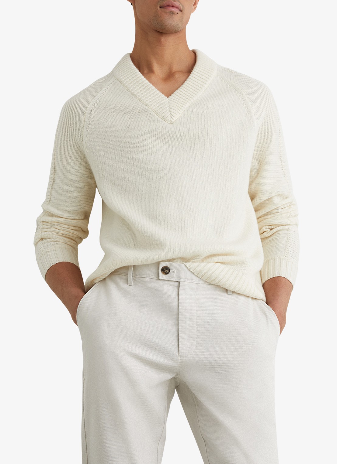 Reiss Dobby straight fit chino van katoen  - detail 2 gebroken wit