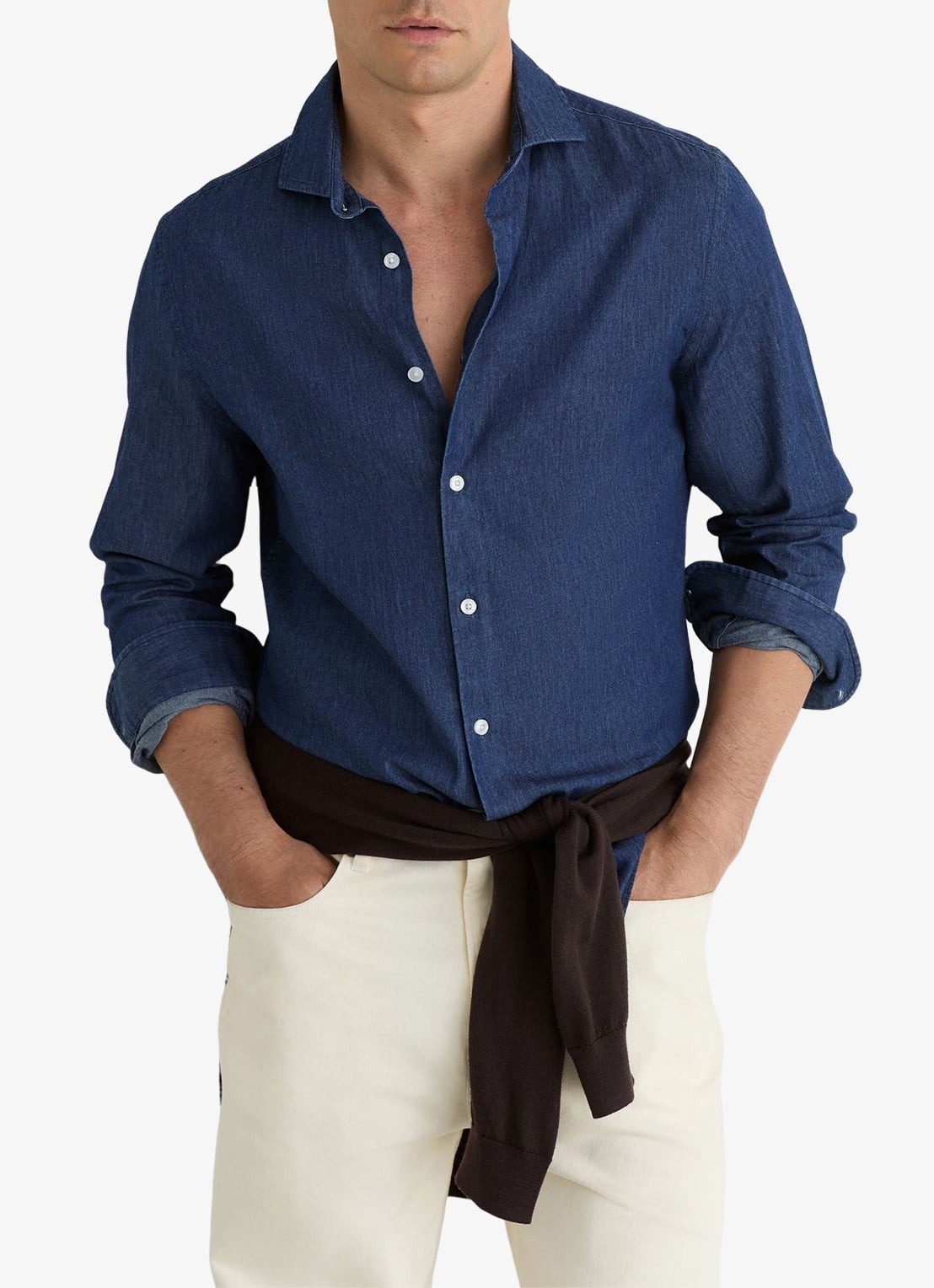 Reiss Don slim fit overhemd van chambray - detail 4 dark blue wash / blauw