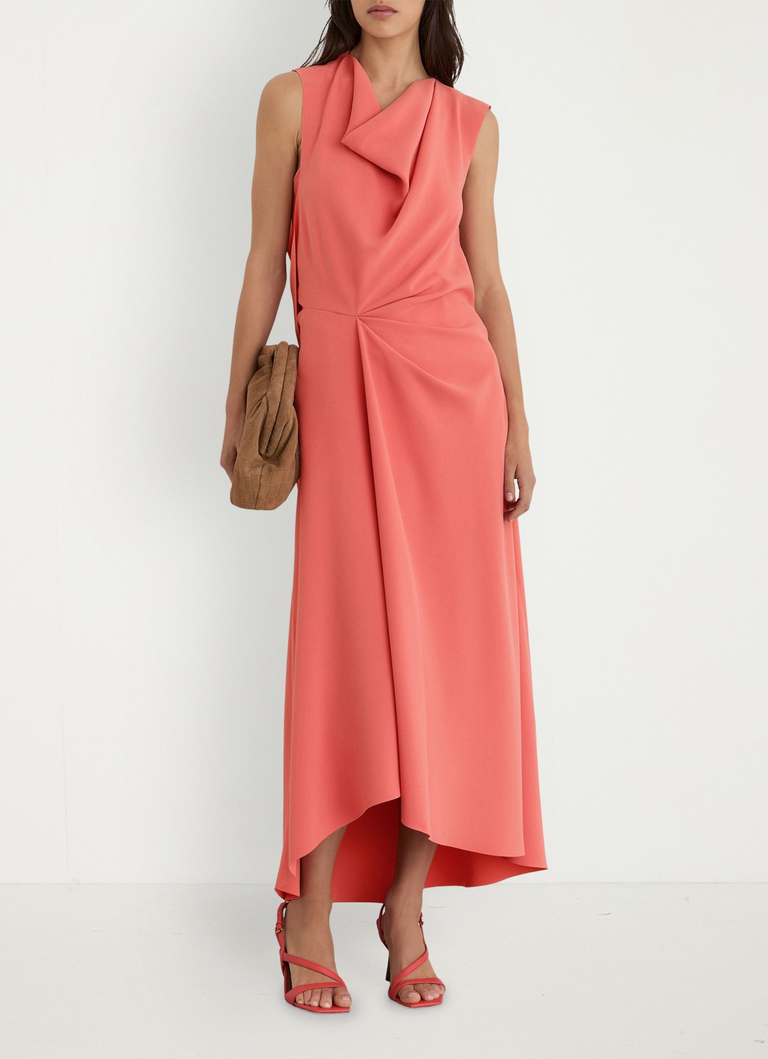 Reiss Dorota midi jurk met watervalhals - voorkant 7 coral pink / roze