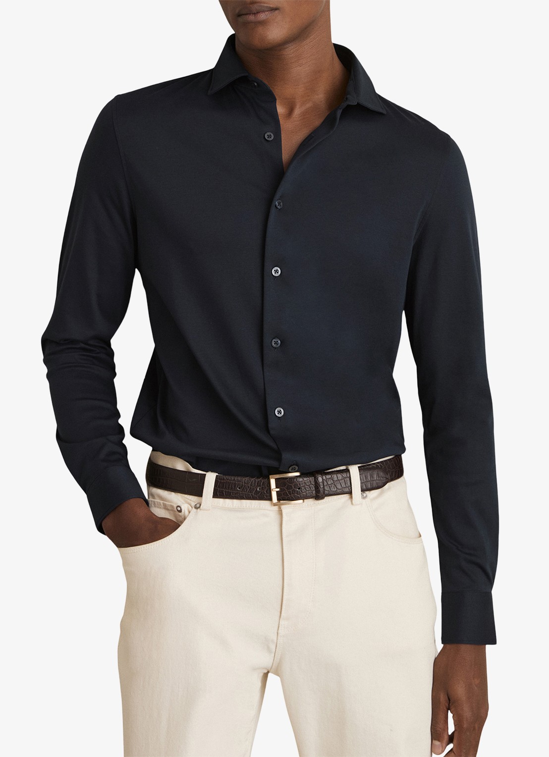 Reiss Duke slim fit overhemd van jersey - detail 3 donkerblauw