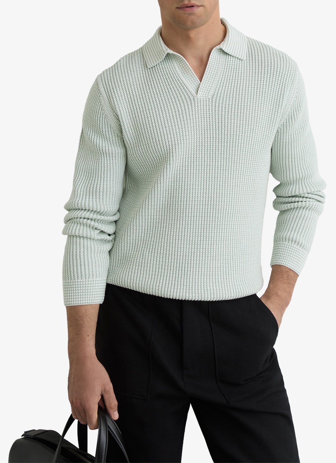 Reiss Dunbar gebreide polo met ribstructuur - detail lindegroen