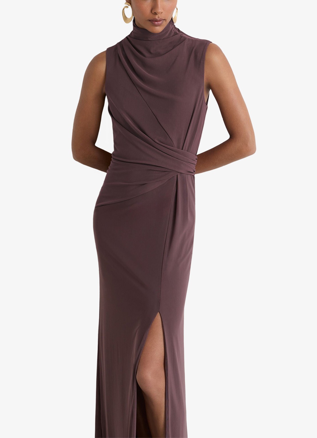 Reiss Dylan midi jurk met split - detail bruin