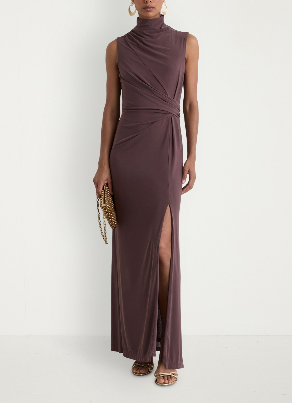 Reiss Dylan midi jurk met split - voorkant 7 bruin