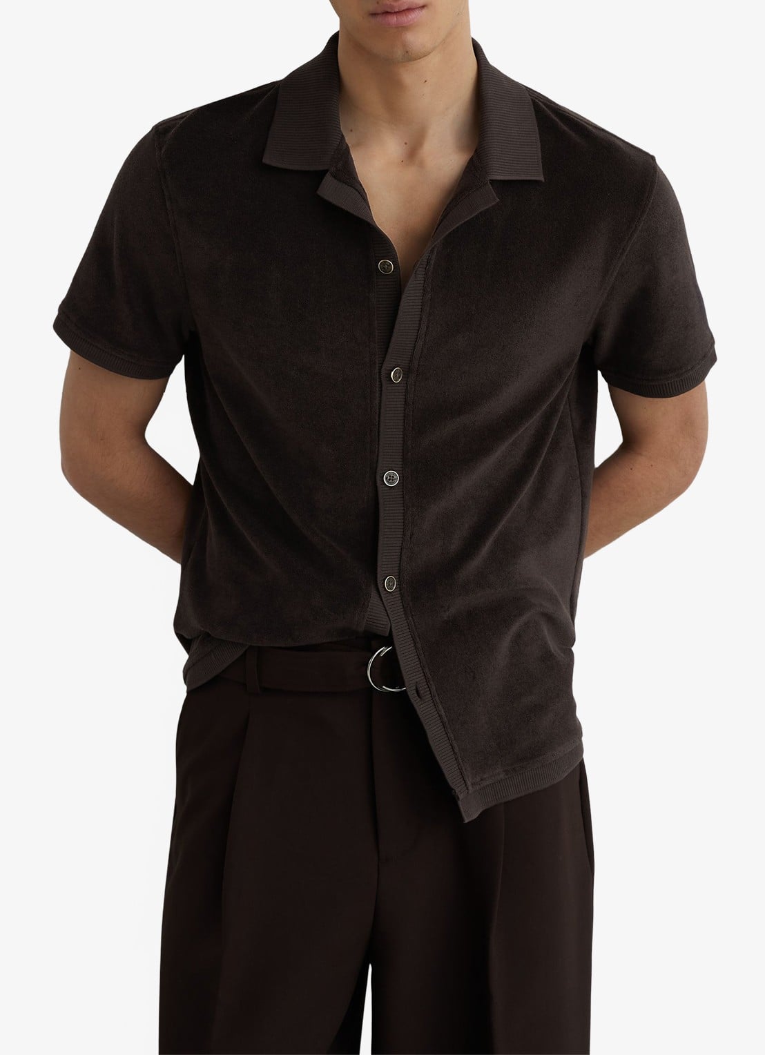 Reiss Eden overhemd van badstof - detail 4 chocoladebruin