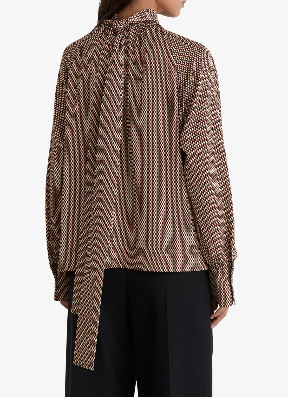Reiss Eden top met stippenprint en sjaalkraag  - achterkant bruin