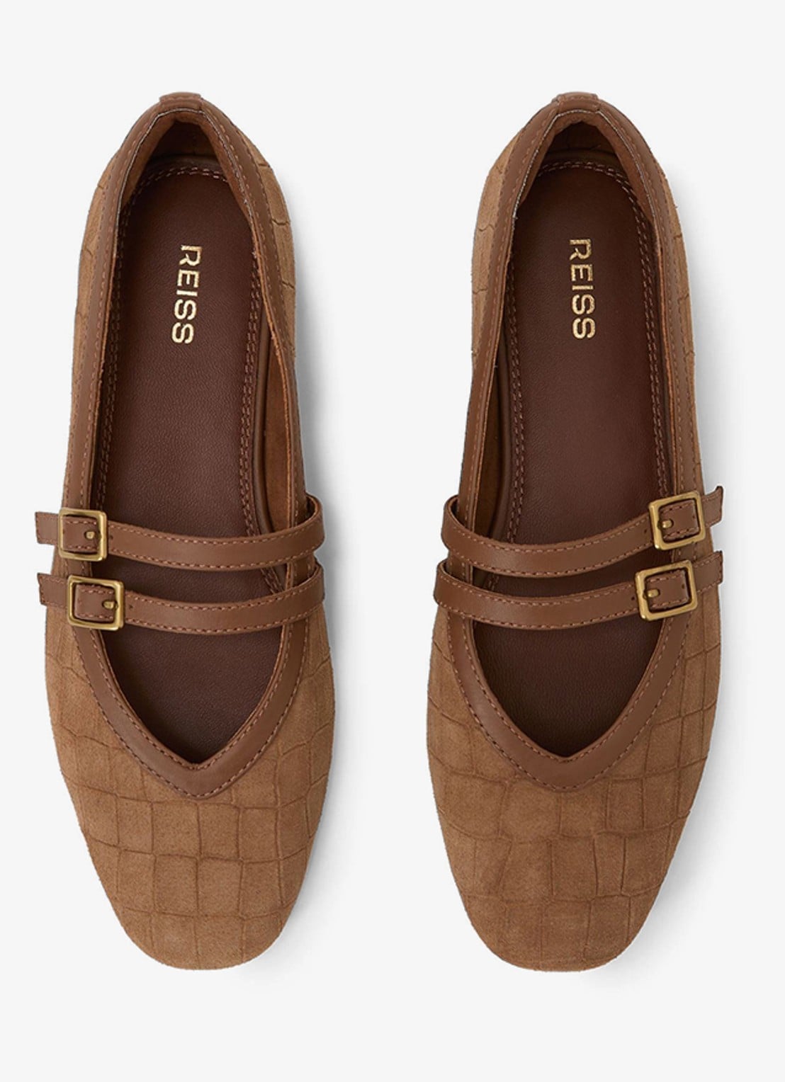 Reiss Eliza ballerina van suède met crocostructuur en gespdetail - detail 3 tan / beige