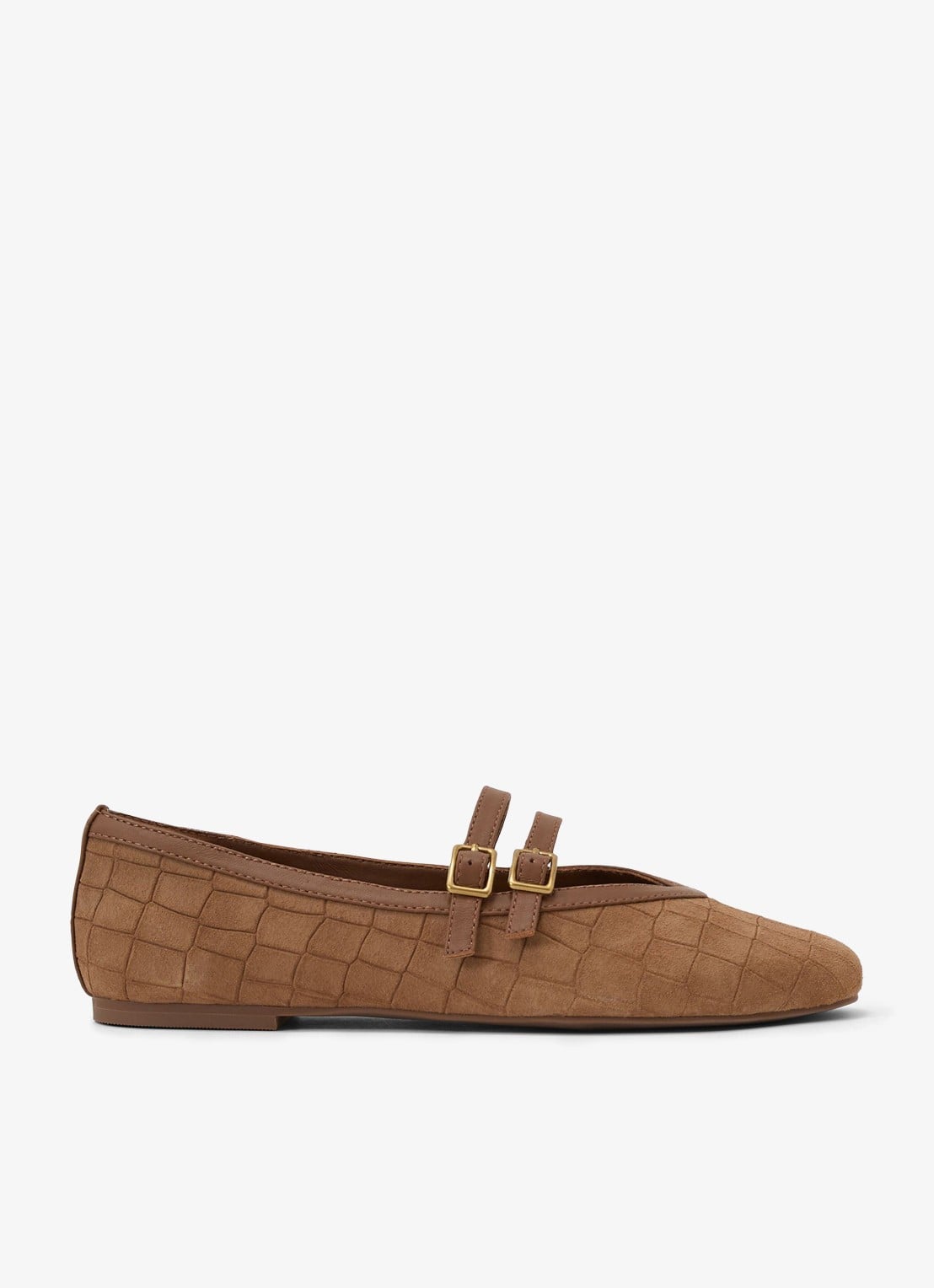 Reiss Eliza ballerina van suède met crocostructuur en gespdetail - voorkant 2 tan / beige
