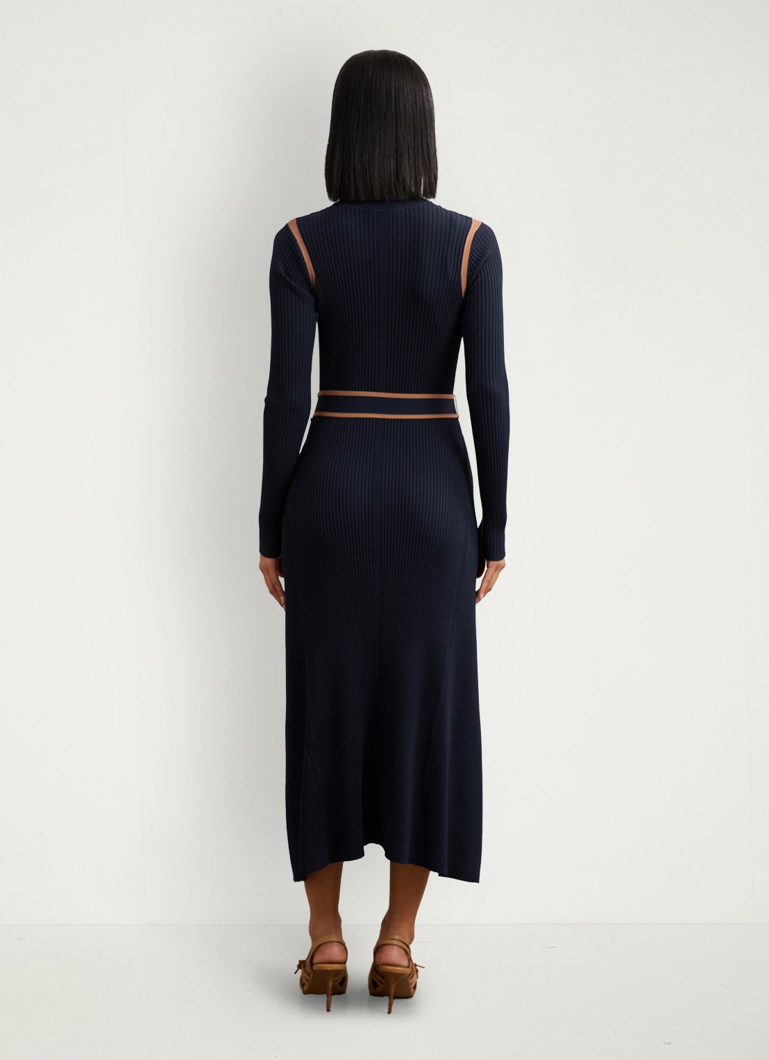 Reiss Ella ribgebreide midi jurk met ceintuur - achterkant donkerblauw