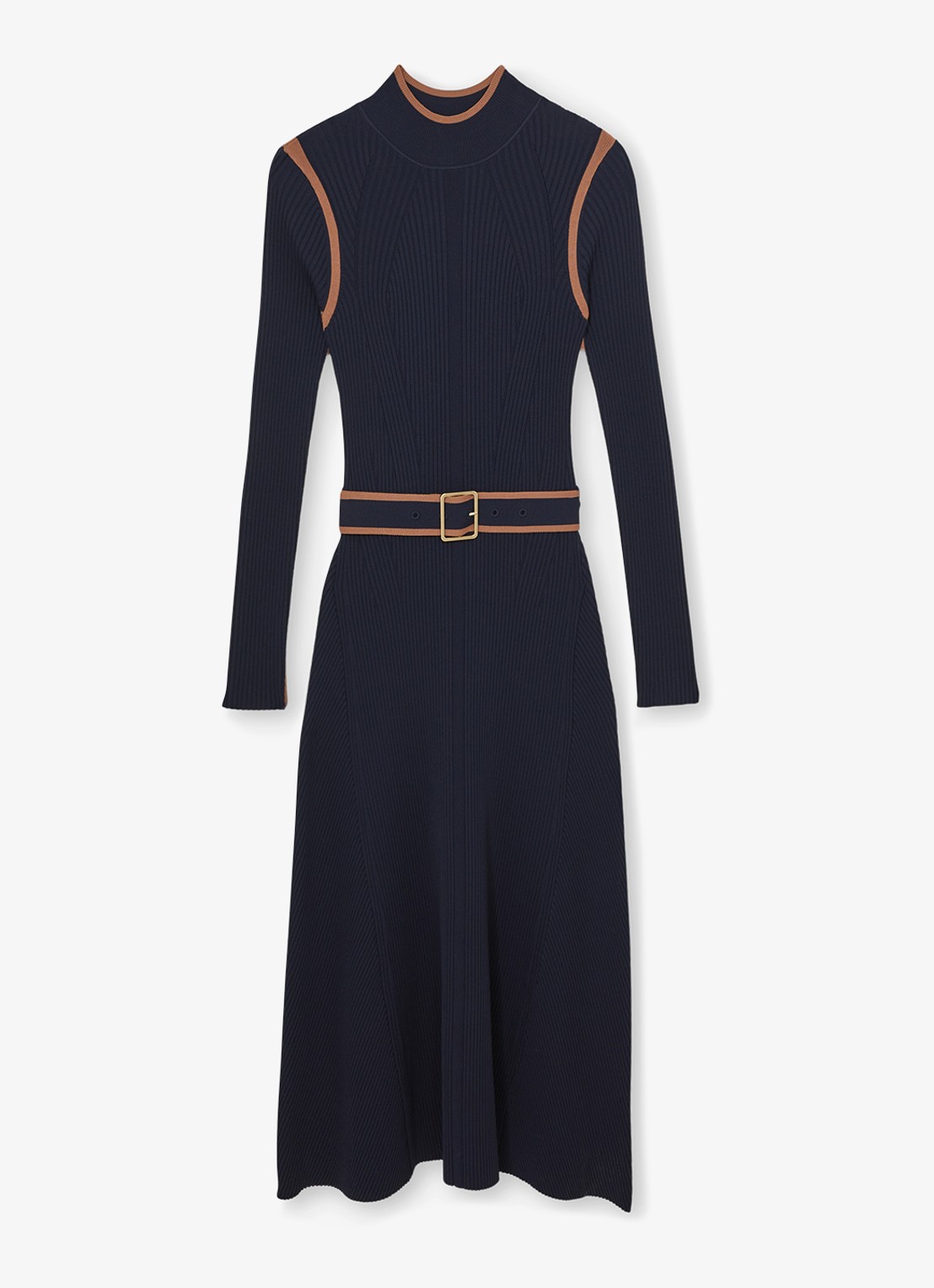Reiss Ella ribgebreide midi jurk met ceintuur - voorkant 2 donkerblauw
