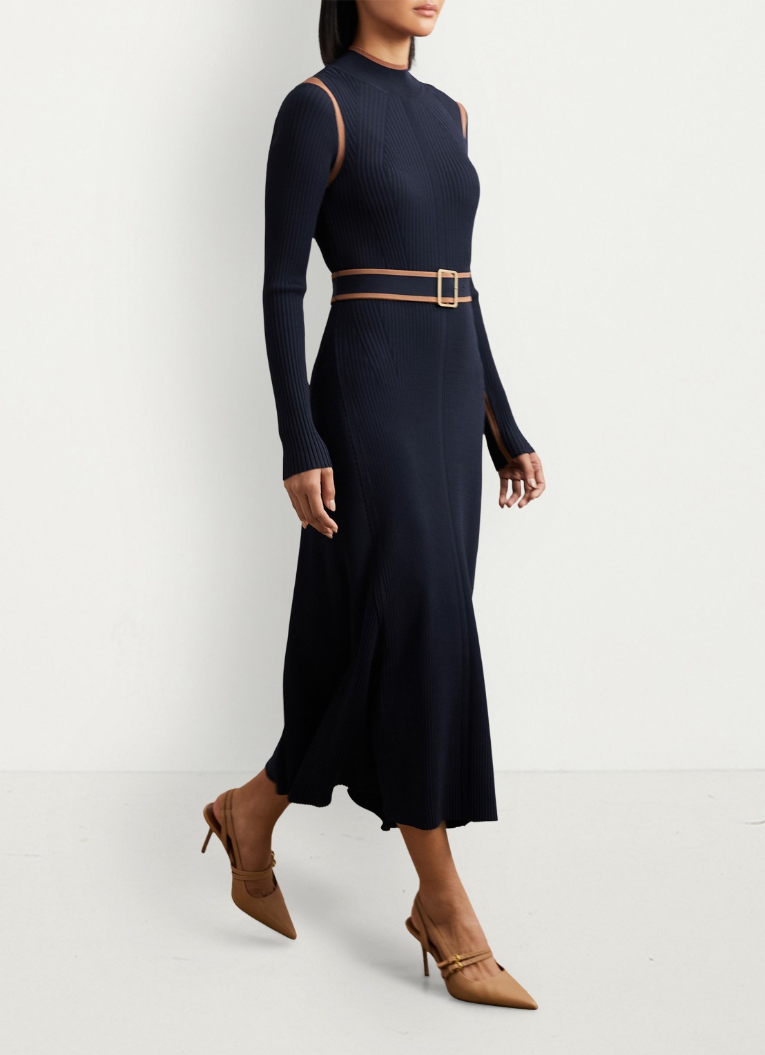 Reiss Ella ribgebreide midi jurk met ceintuur - voorkant 3 donkerblauw
