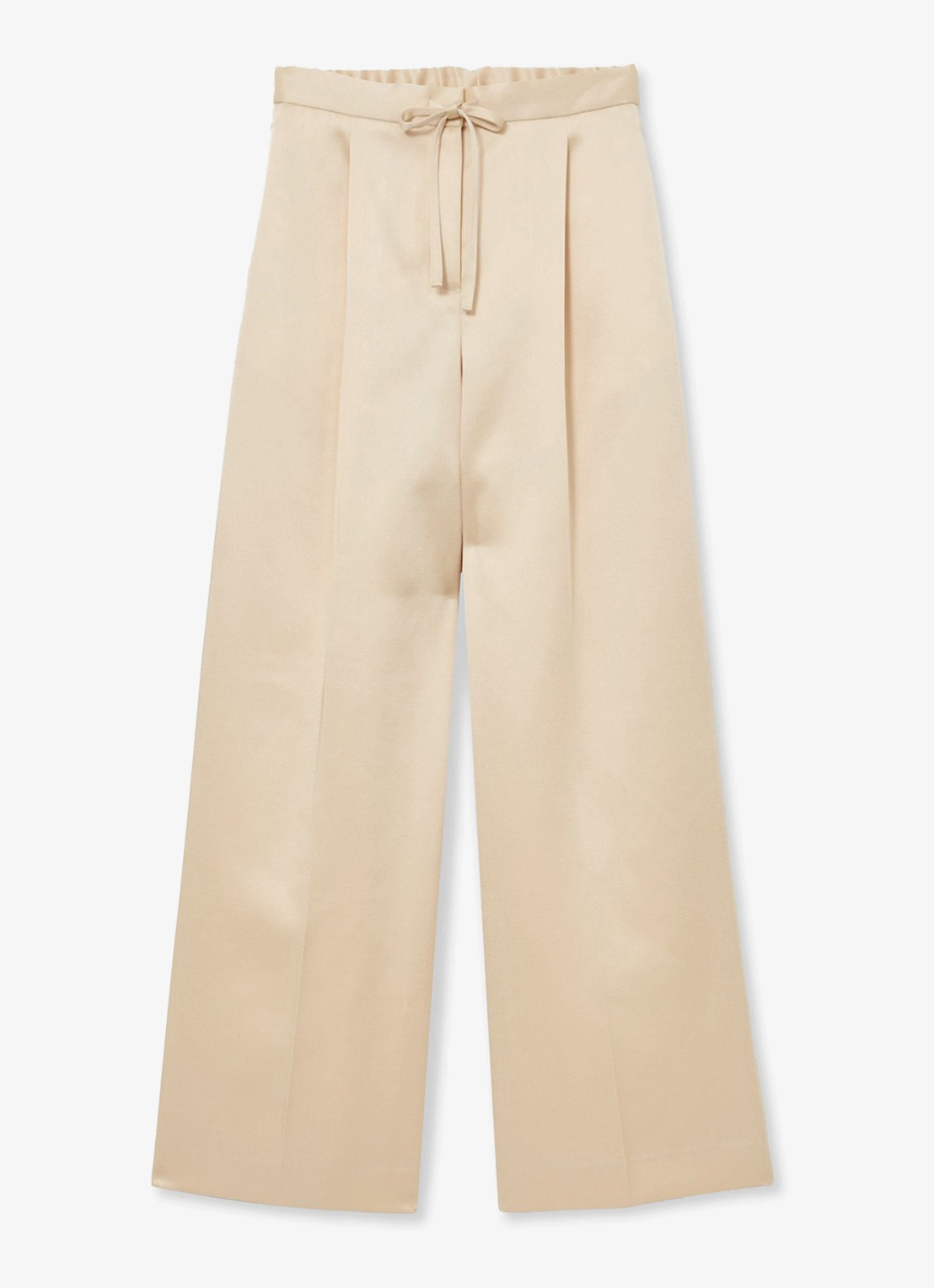 Reiss Ellen mid waist wide leg broek van satijn met persplooi - voorkant creme