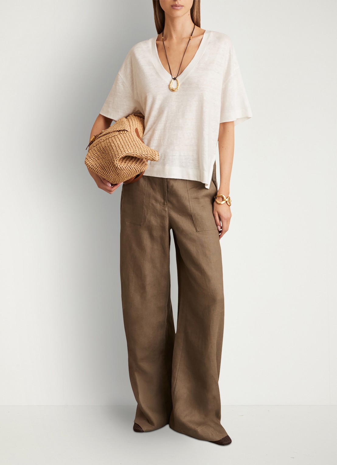 Reiss Ember T-shirt van linnen met V-hals - voorkant 3 wit