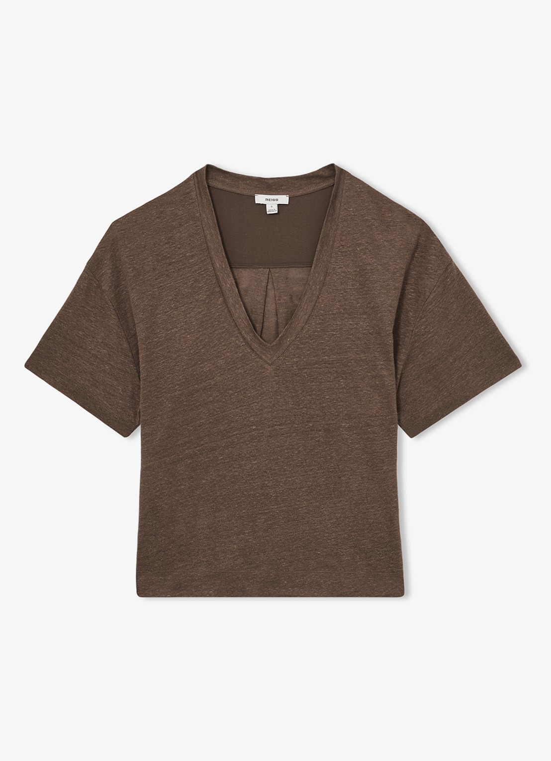 Reiss Ember T-shirt van linnen met V-hals - voorkant 4 lichtbruin