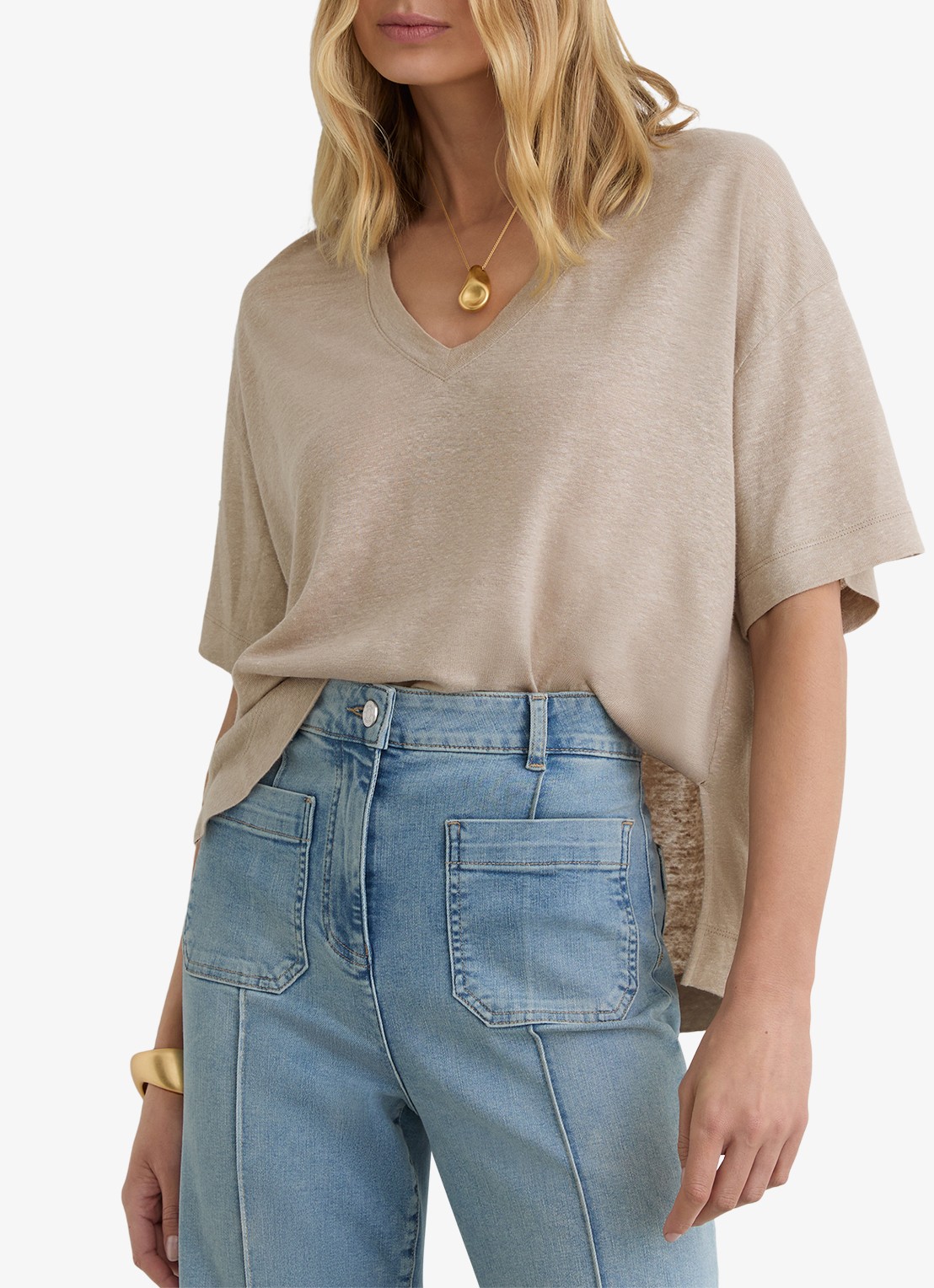 Reiss Ember T-shirt van linnen met V-hals - detail beige