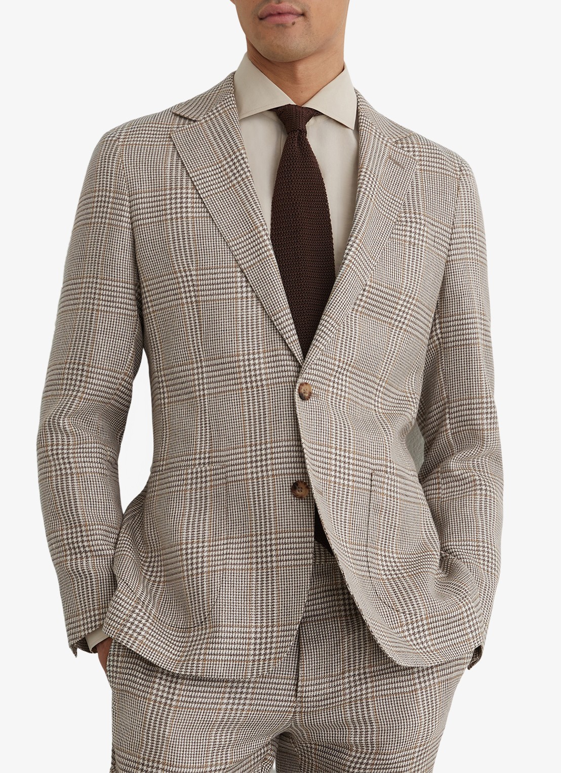 Reiss Epsom regular fit colbert in linnenblend met ruitdessin - detail 4 bruin