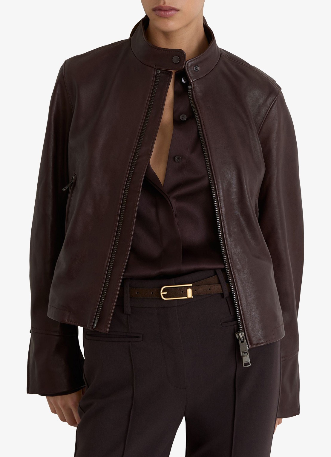 Reiss Erin bikerjack van leer - detail 4 bordeauxrood
