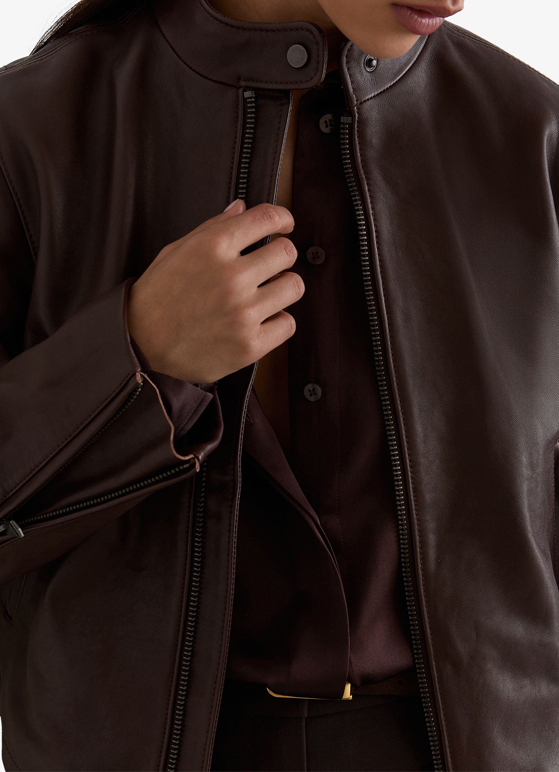 Reiss Erin bikerjack van leer - detail 6 bordeauxrood