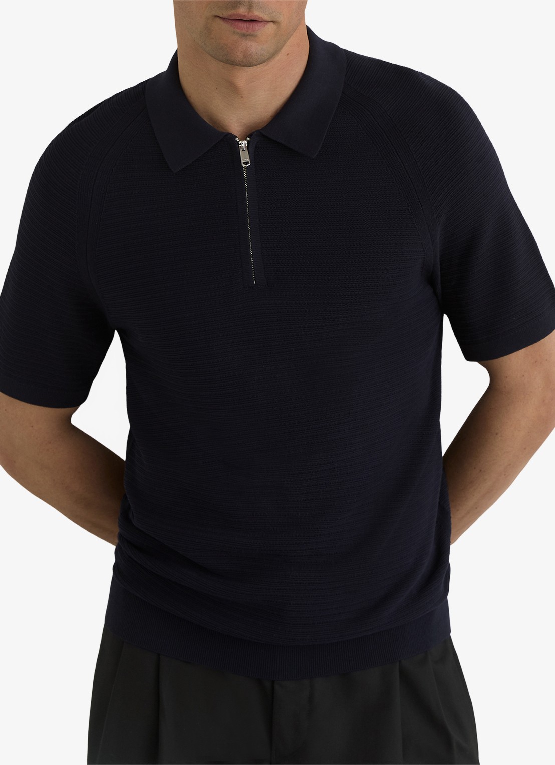 Reiss ESTATE Textured-Knit Half-Zip Polo Shirt - detail 3 donkerblauw