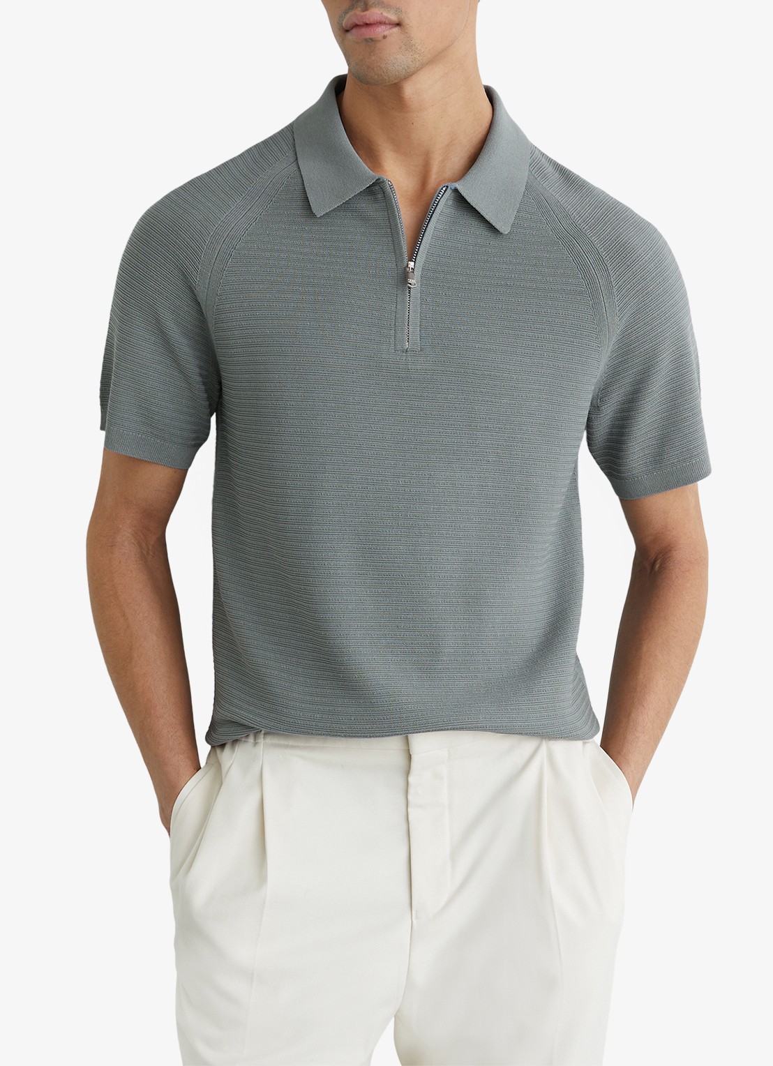 Reiss ESTATE Textured-Knit Half-Zip Polo Shirt - detail groen