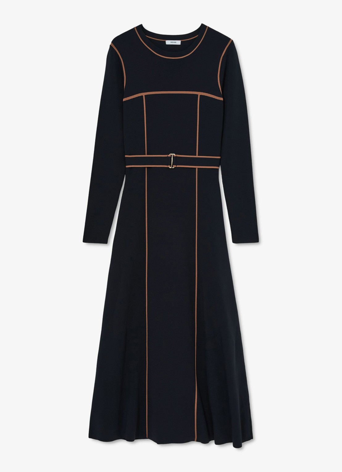 Reiss ETTA midi ribgebreide jurk met ceintuur - voorkant 6 donkerblauw