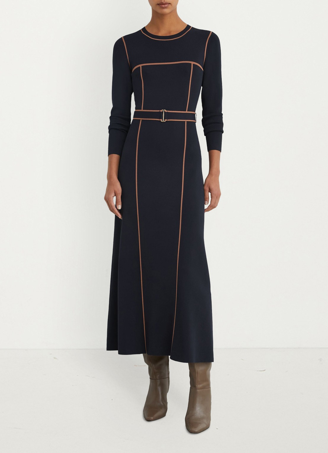 Reiss ETTA midi ribgebreide jurk met ceintuur - voorkant 7 donkerblauw