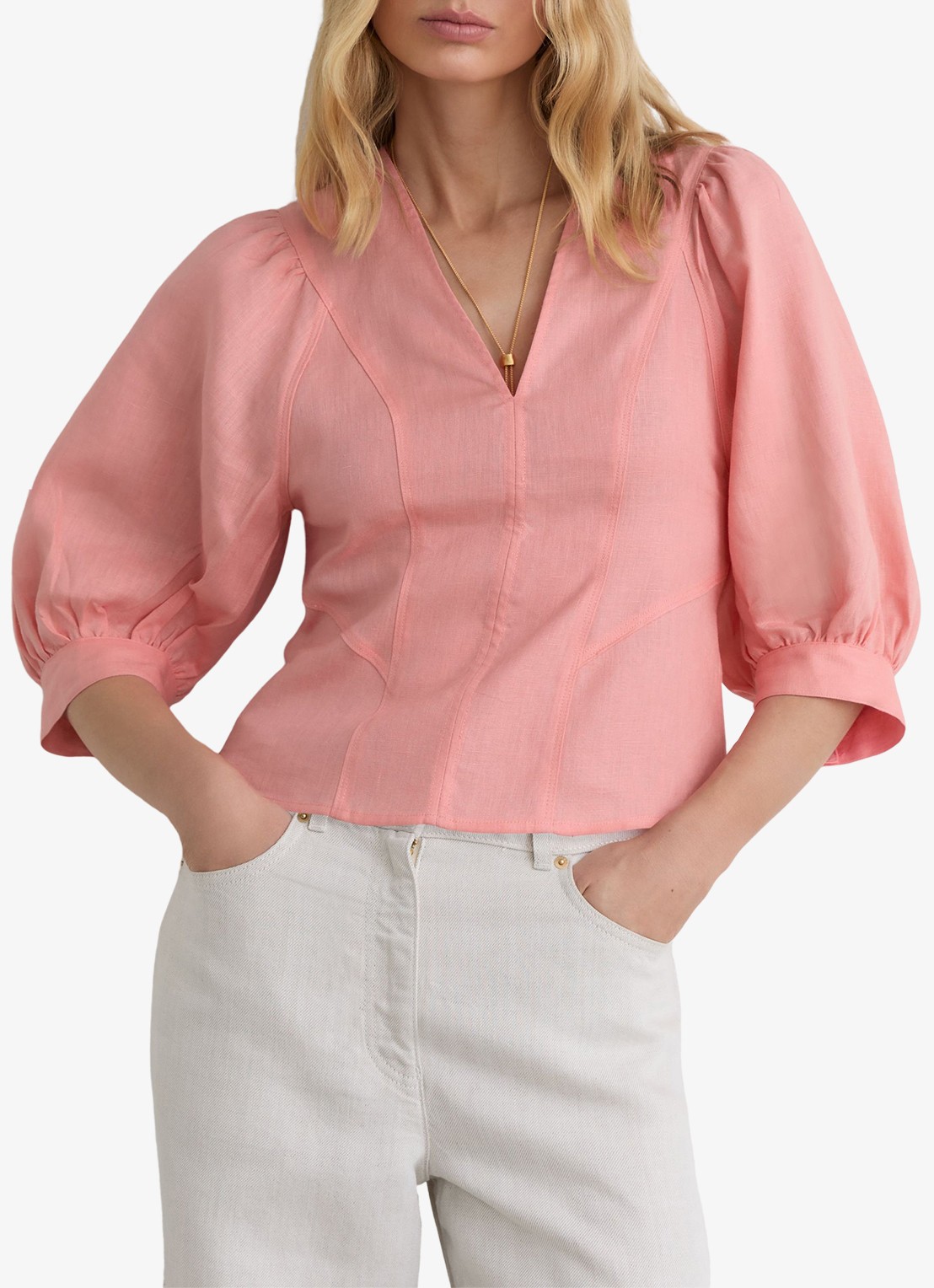 Reiss Evie tuniek van linnen met ballonmouw - detail 2 lichtroze