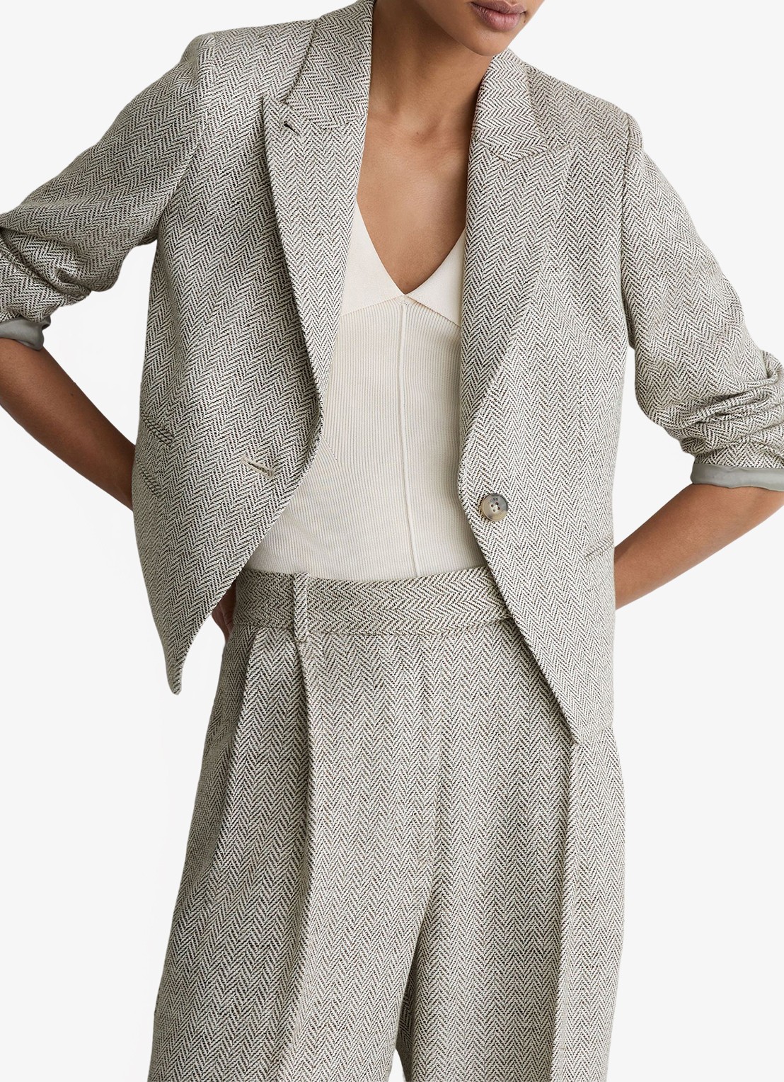 Reiss Ezra blazer met visgraat dessin - detail 4 lichtgrijs