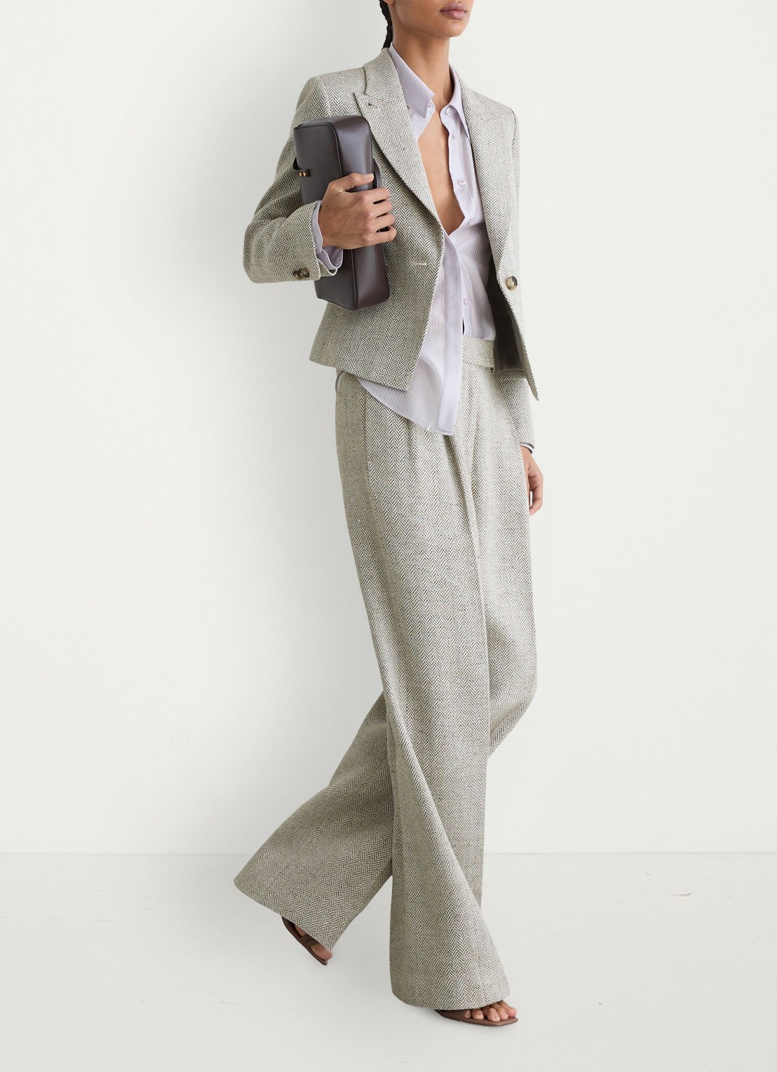 Reiss Ezra high waist straight fit pantalon met visgraat dessin - detail 3 neutral / beige