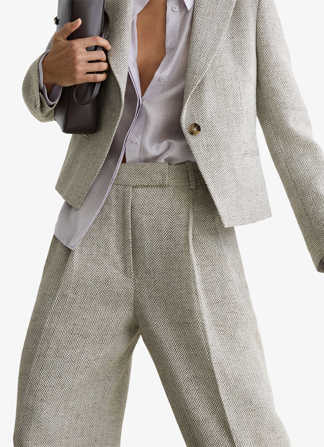Reiss Ezra high waist straight fit pantalon met visgraat dessin - detail 4 neutral / beige