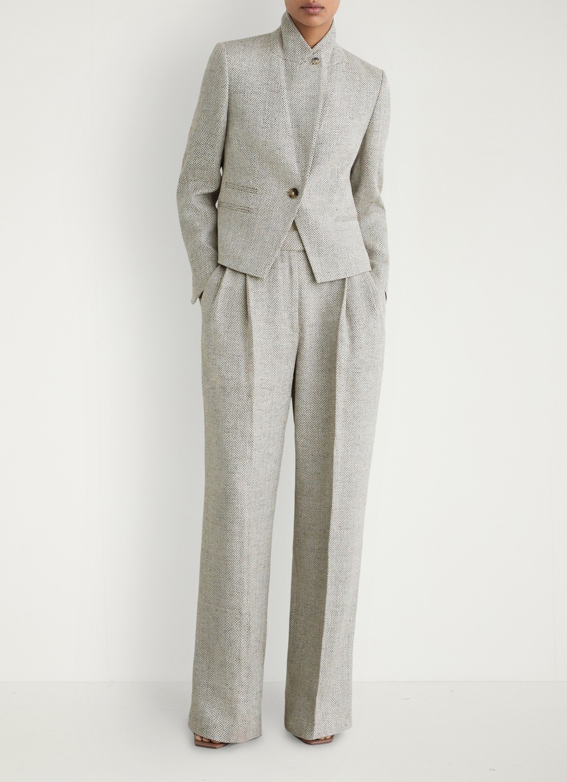 Reiss Ezra high waist straight fit pantalon met visgraat dessin - voorkant 2 neutral / beige