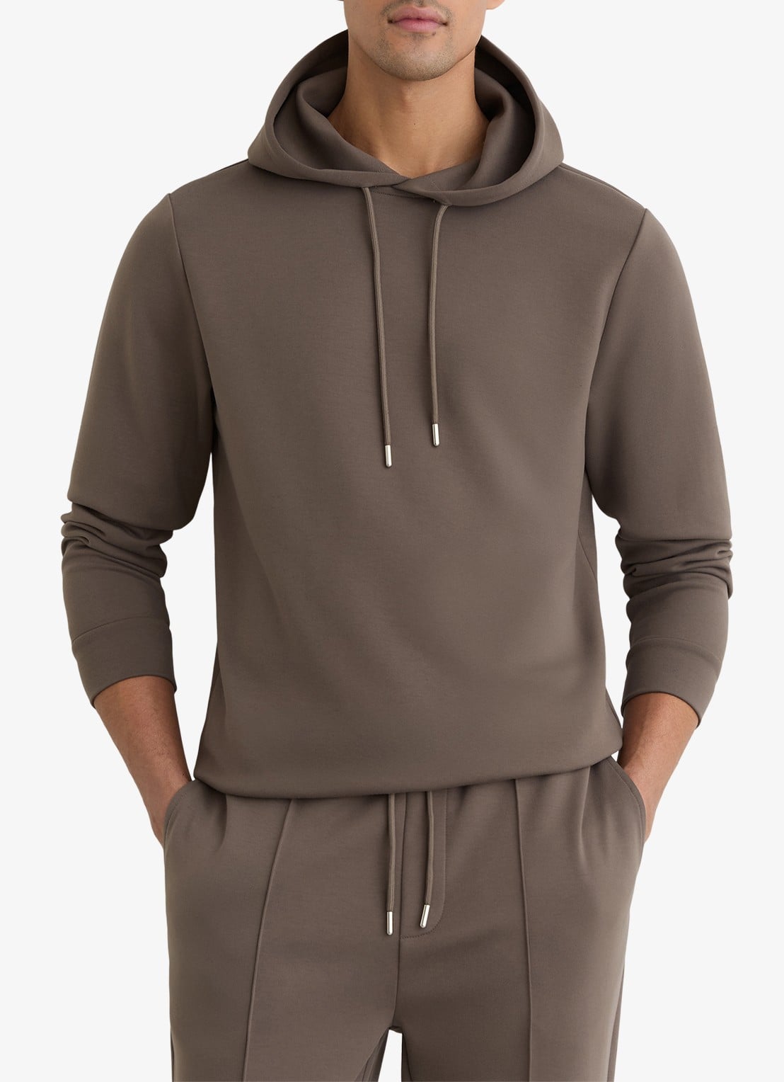 Reiss Fabien Premium Interlock hoodie met capuchon - detail lichtbruin